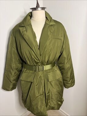 ONLY Olive Green Belted Puffer Coat Jacket - Size Medium